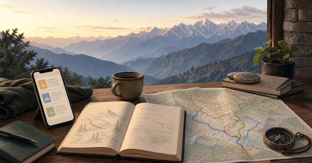 An illustrated Nepal travel-planning desk with route lines, a notebook, a phone and mountain ridges in the background.