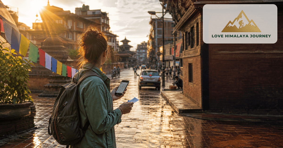 A traveler checks a phone route and taxi receipt on a lively Kathmandu street in golden morning light, with the transparent Love Himalaya Journey logo