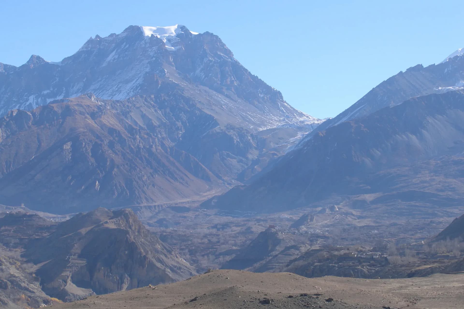 Thorong La pass prayer flags on the crossing from Manang to Mustang in Nepal.