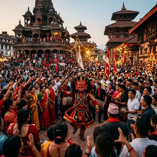 An illustrated masked dancer surrounded by a crowd in a Kathmandu square during Indra Jatra