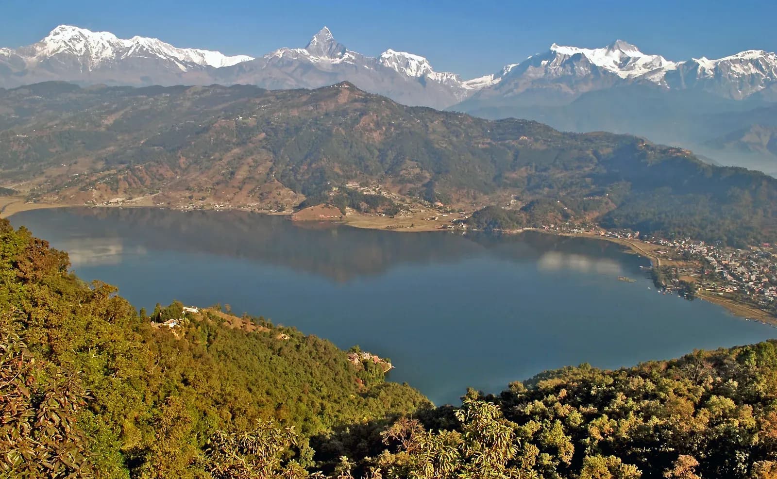 The Annapurna range reflected in Phewa Lake, Pokhara