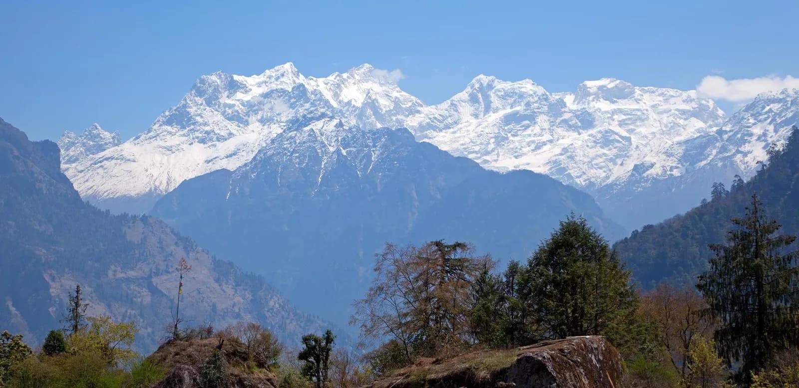 Manaslu view from Timang near Chame village, peaks behind on the Annapurna Circuit trek in Nepal