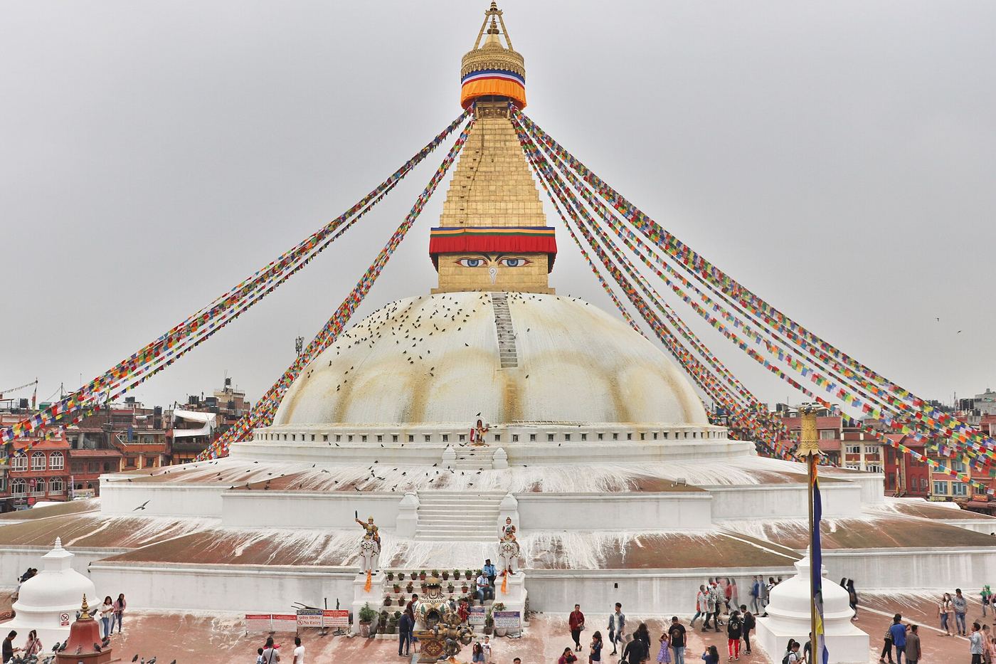 The white dome and gilded tower of Boudhanath stupa in Kathmandu, its painted eyes looking out over strings of prayer flags, with the surrounding buildings and hills behind