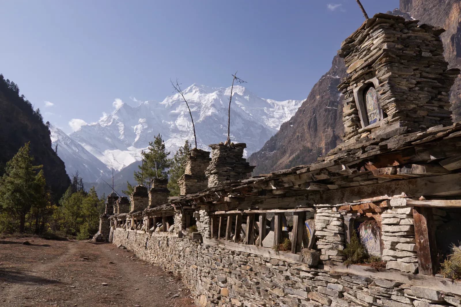 Mani Wall Near Ghyaru near Ghyaru-Ngawal high route ridgeline on the Annapurna Circuit trek in Nepal