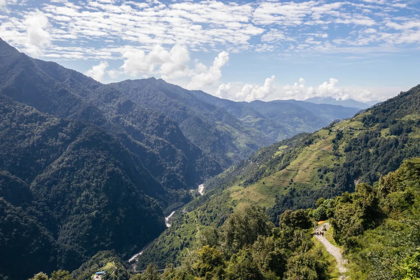 Trail and river valley near Chhomrong on the Annapurna Base Camp trek.