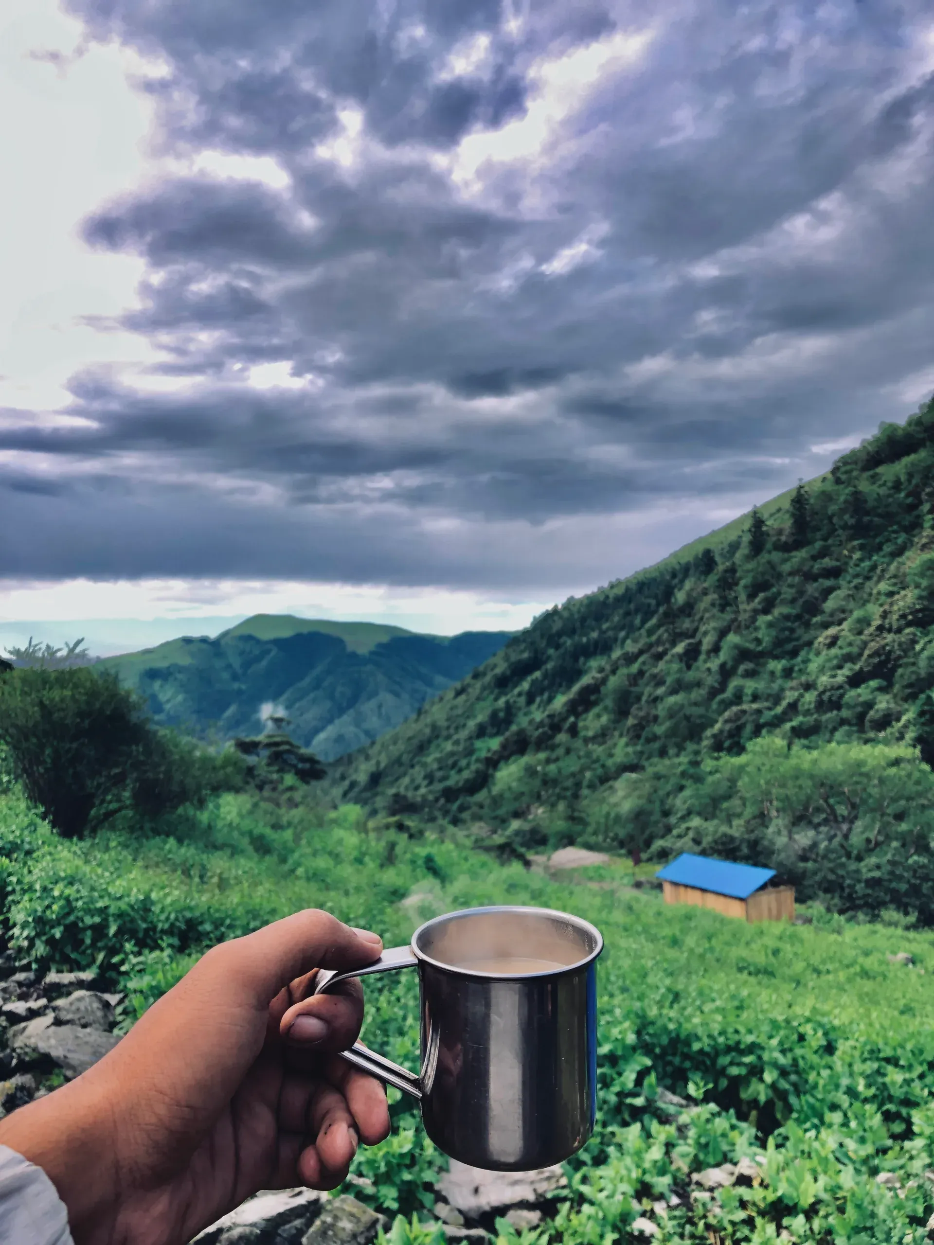 Steel mug of milk tea in front of a blue-roofed hut near Dhorpatan