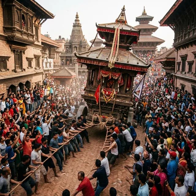 An illustrated wooden chariot being pulled through a crowded Bhaktapur street during Bisket Jatra