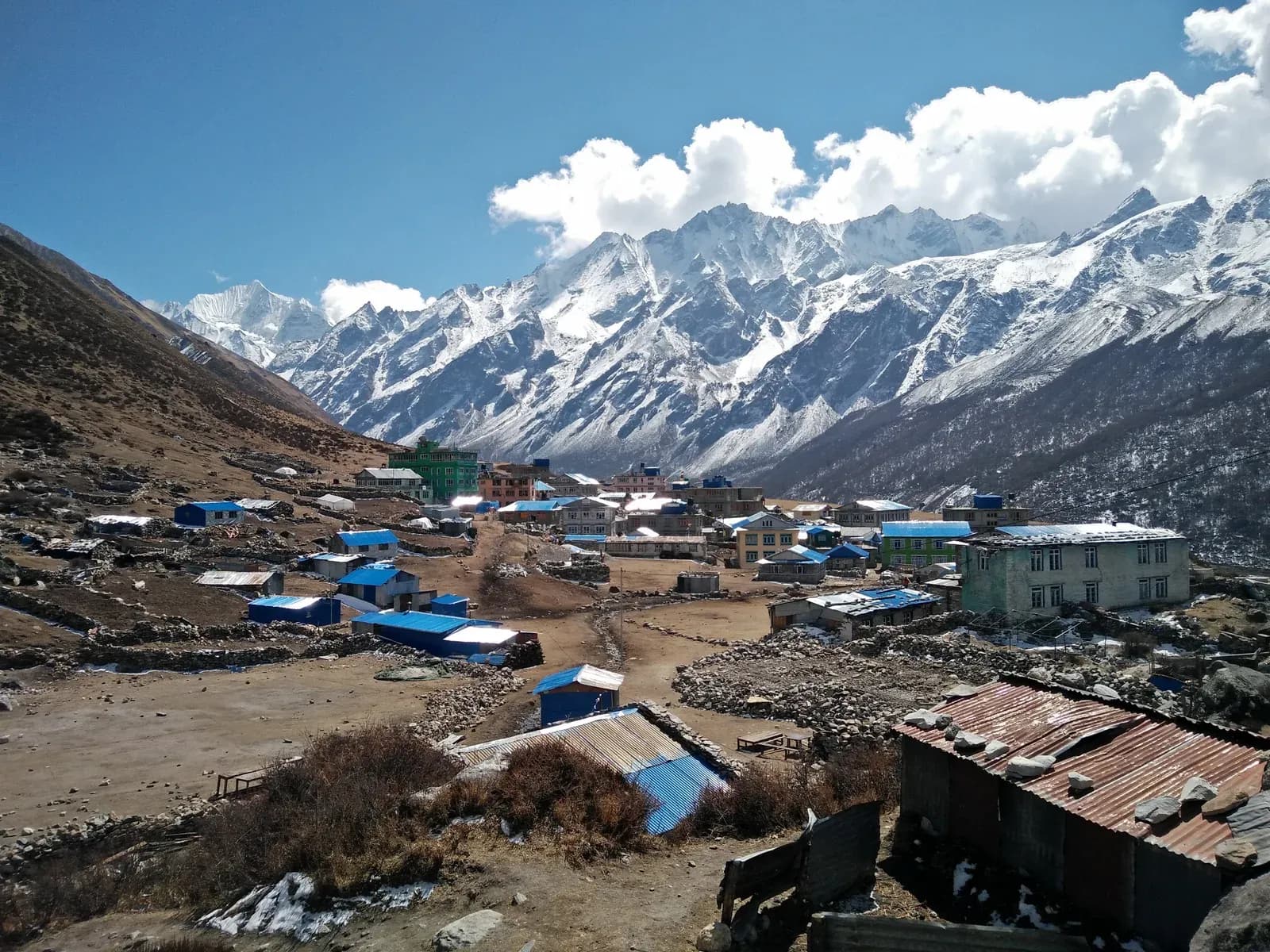 Kyanjin Gompa village below Langtang Lirung on the Langtang Valley trek.
