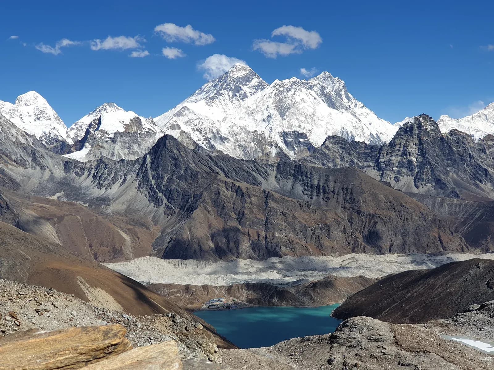 Renjo La pass with views back toward Gokyo Lakes in Nepal.