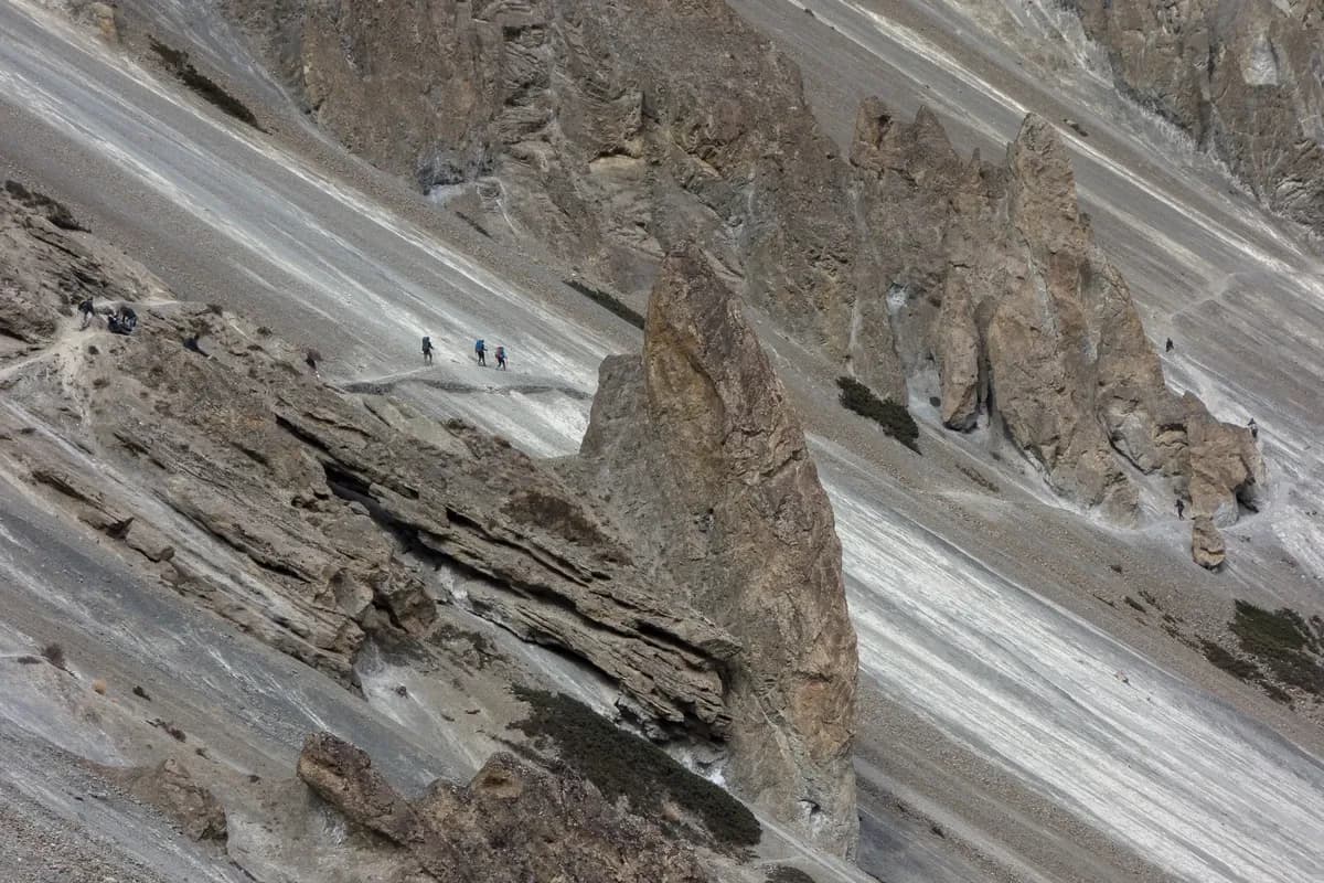 Walkers following the narrow lower Tilicho trail across loose scree and rock formations