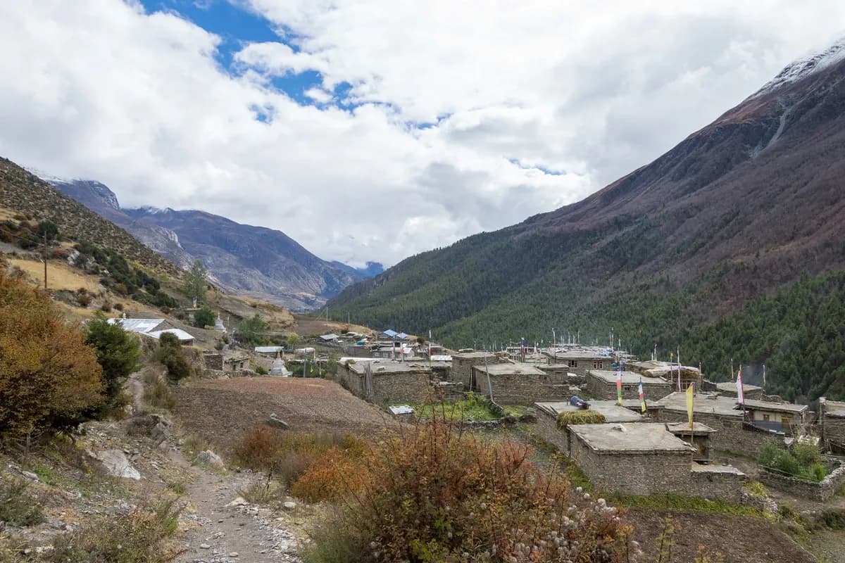 Stone houses and fields in Khangsar village on the Tilicho approach