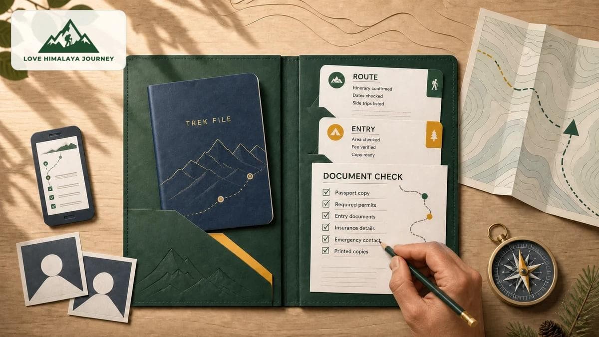 Editorial trekking preparation desk with a hand completing a document checklist, route and entry cards, trek file, phone, map, compass, and the Love Himalaya Journey logo.