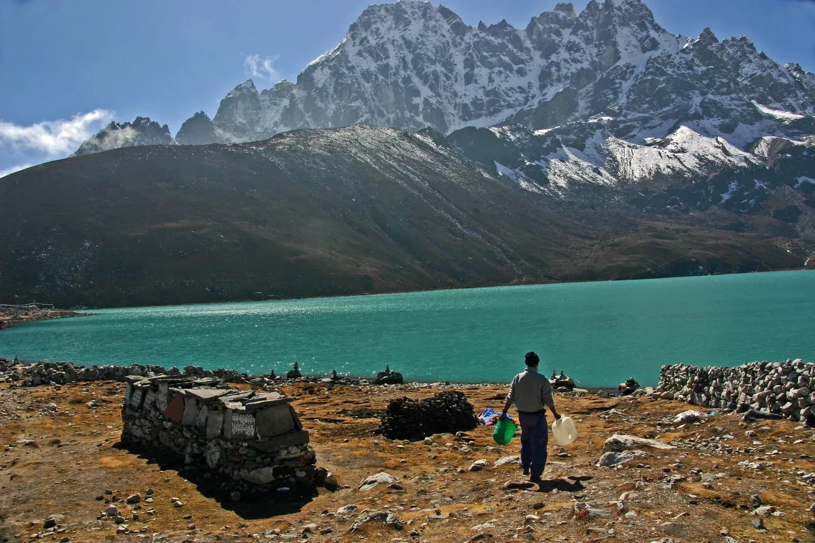 Gokyo village and lakes beside the Ngozumpa Glacier in Nepal.