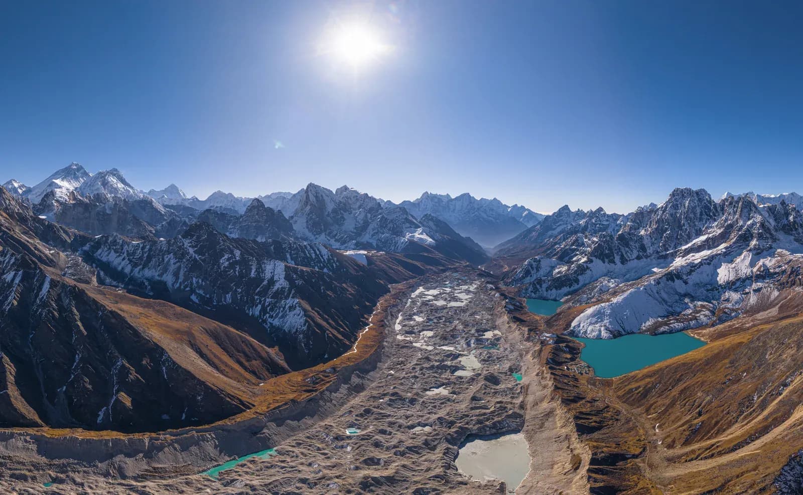 Upper Gokyo Lakes and Ngozumpa Glacier during the Gokyo Lakes trek.