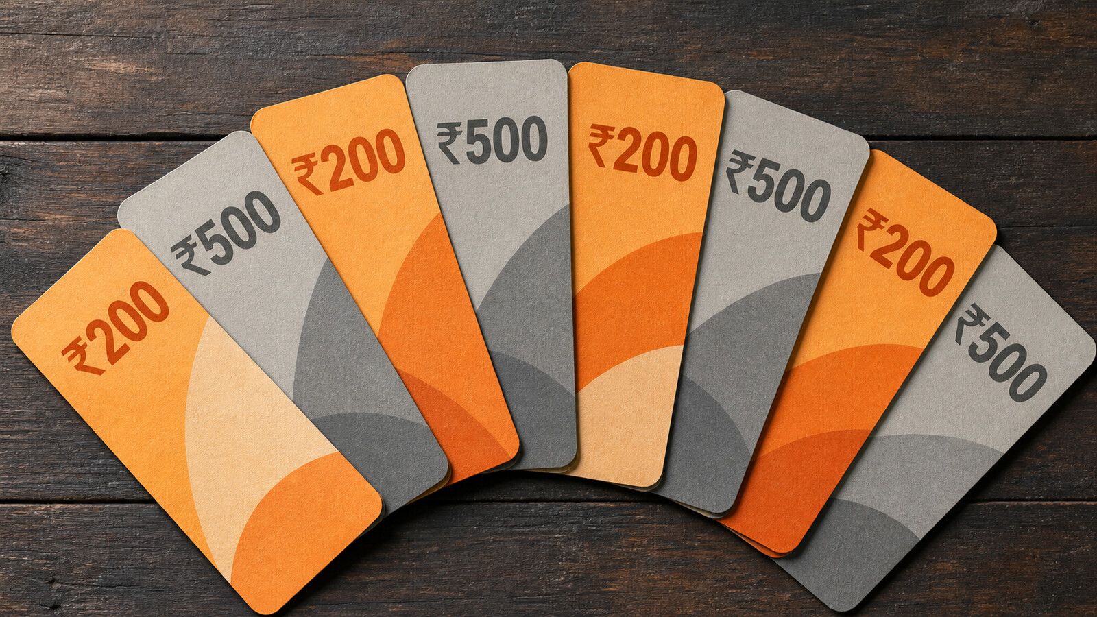 Abstract orange and grey denomination cards marked тВ╣200 and тВ╣500 fanned across a dark wooden surface.