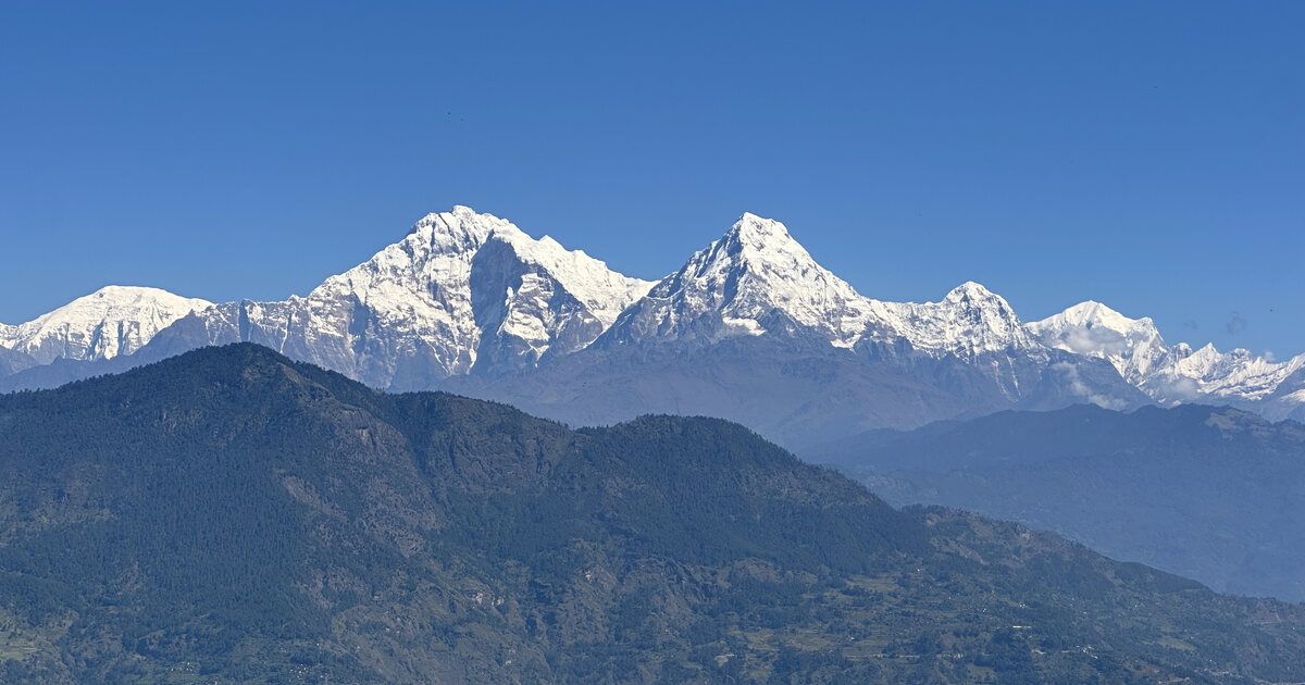 A clear Himalayan range rising above forested middle hills in Nepal.