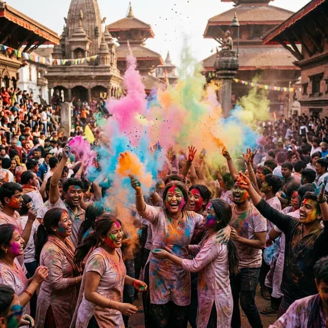 An illustrated crowd throwing clouds of coloured powder in a temple square during Holi