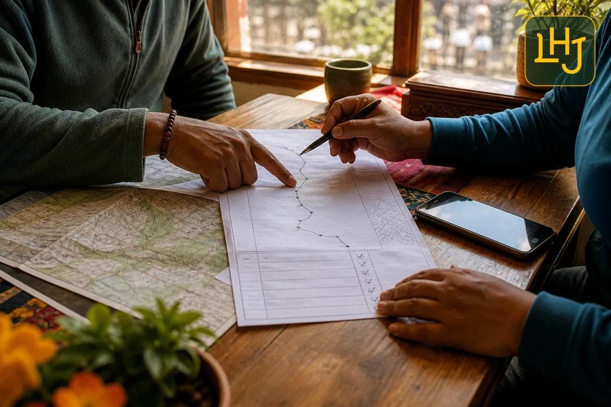 A traveler and a Nepali trekking professional compare a route map and written trek checklist at a sunlit table, faces outside the frame, LHJ gold monogram in the corner.