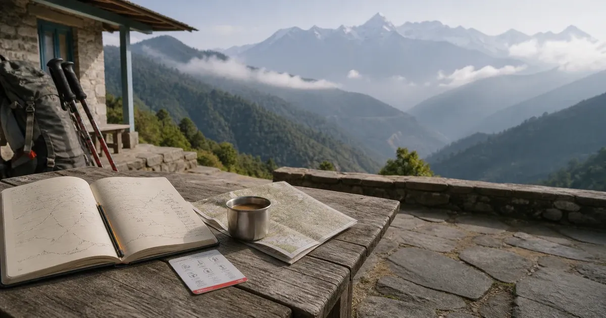 A Nepal trekking lodge table with a route notebook, map, tea, backpack and mountain trail beyond.