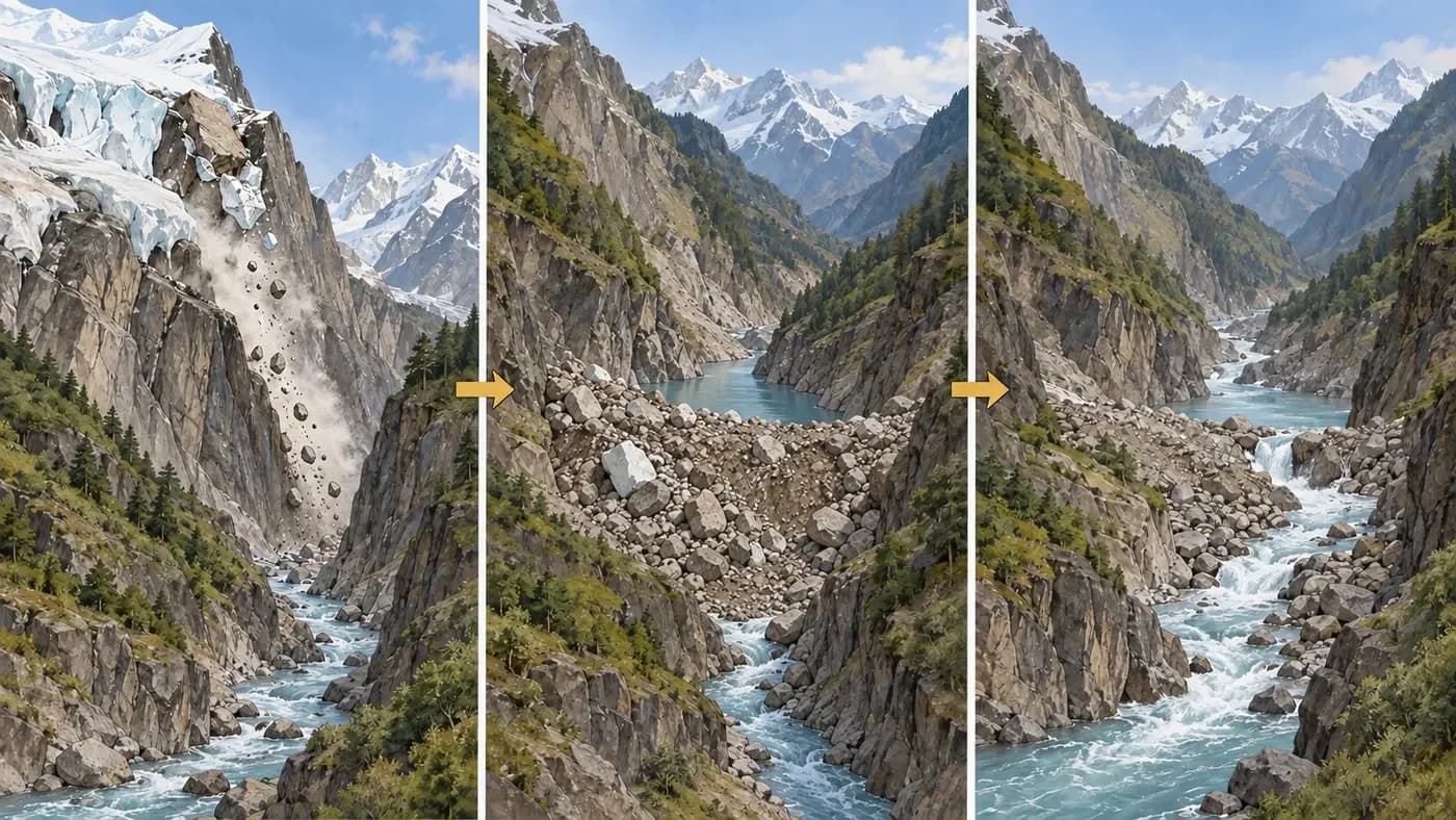 Conceptual sequence of ice and rock falling, a temporary river blockage and downstream flow.