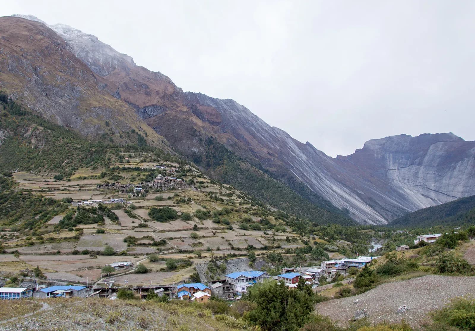 Both Pisangs near Upper Pisang, gompa, Annapurna II on the Annapurna Circuit trek in Nepal