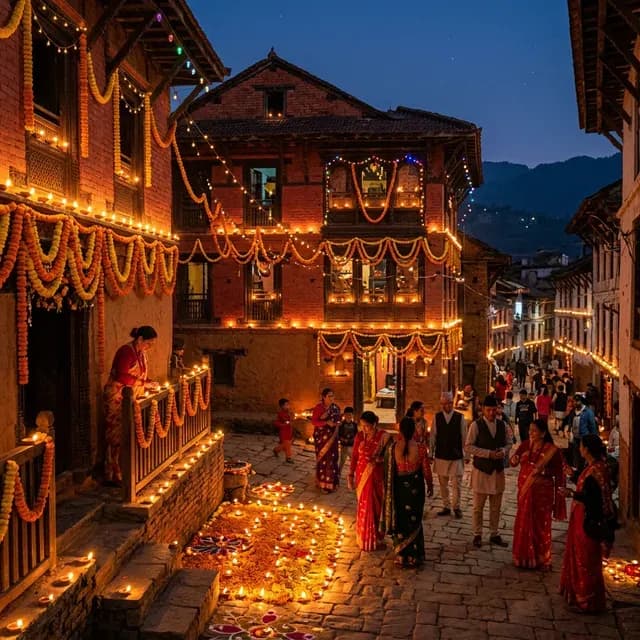 An illustrated old-town street decorated with marigold garlands and rows of oil lamps for Tihar