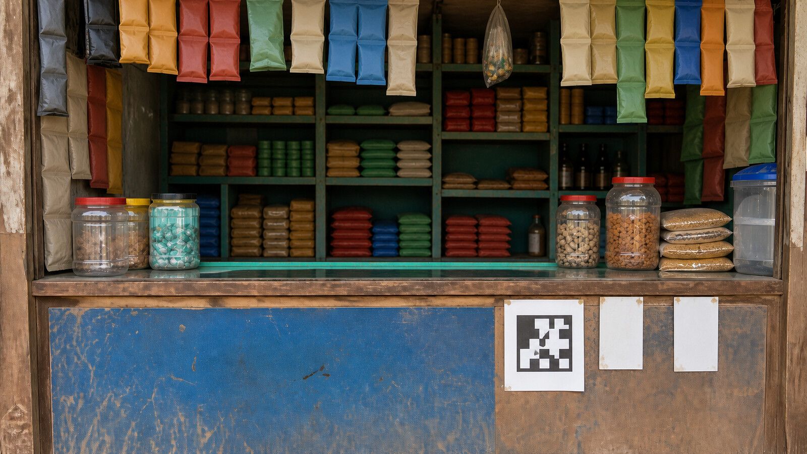 A small roadside shop front with shelves of packaged goods and unmarked hanging packets, and a non-functional black-and-white payment-code illustration beside two blank white cards on the counter.