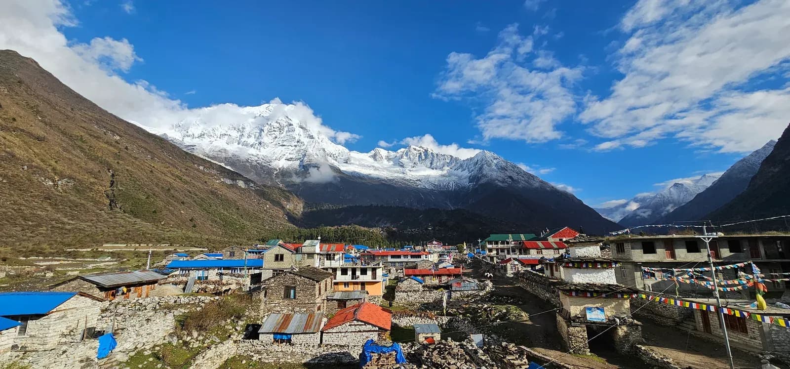 Trail from Lho through Shyala to Samagaun with Manaslu views.