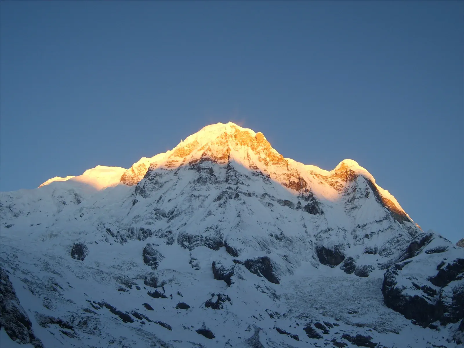 Morning view of Annapurna I from Annapurna Base Camp in Nepal.