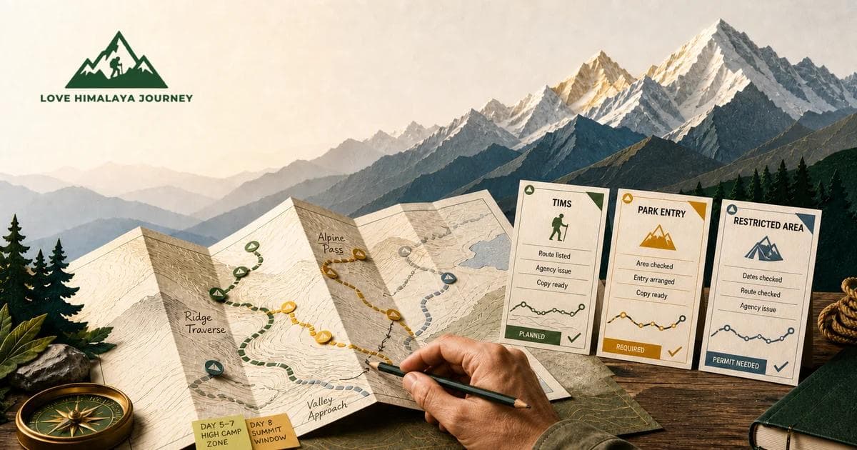 Hand plans a Himalayan route beside permit cards and the Love Himalaya Journey logo.