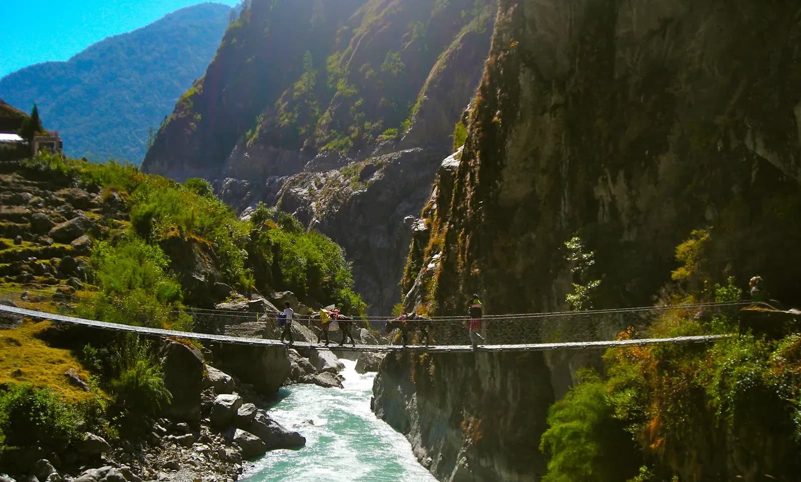 Jagat, Nepal. near Chyamje waterfall, Marsyangdi gorge on the Annapurna Circuit trek in Nepal