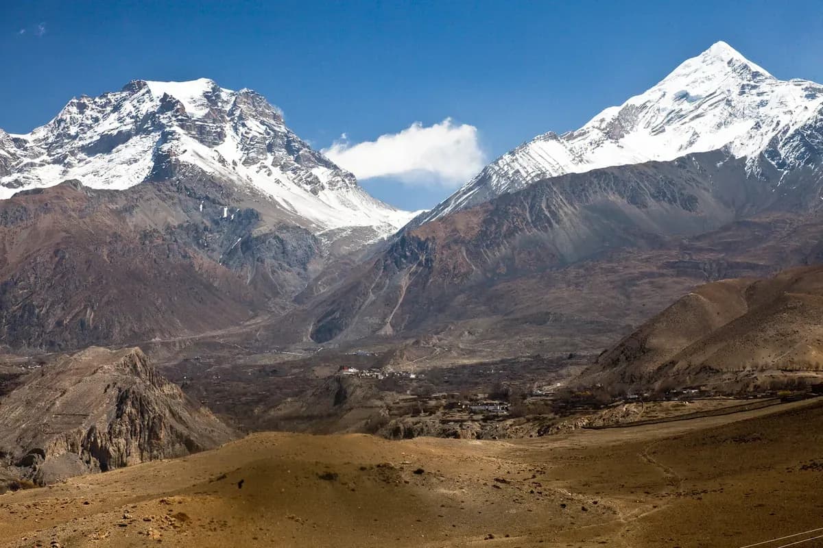 Dry valley slopes and settlements below the mountains near Jharkot and Muktinath