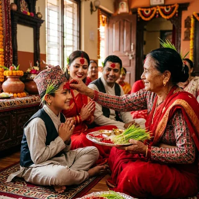 An illustrated family scene with an older woman applying red tika and jamara to a child during Dashain