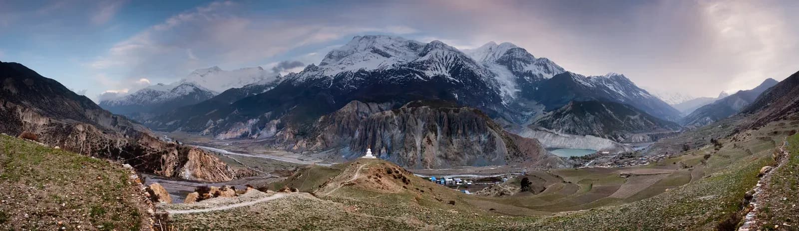 Annapurna Massif Panorama near Manang village + Gangapurna Lake on the Annapurna Circuit trek in Nepal