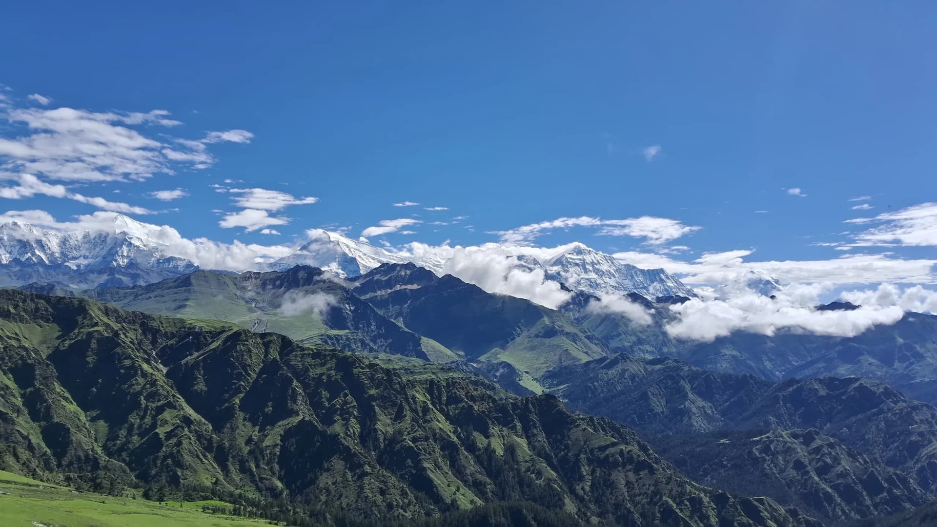 Green ridges of the Dhorpatan Hunting Reserve below the snow-capped Dhaulagiri range