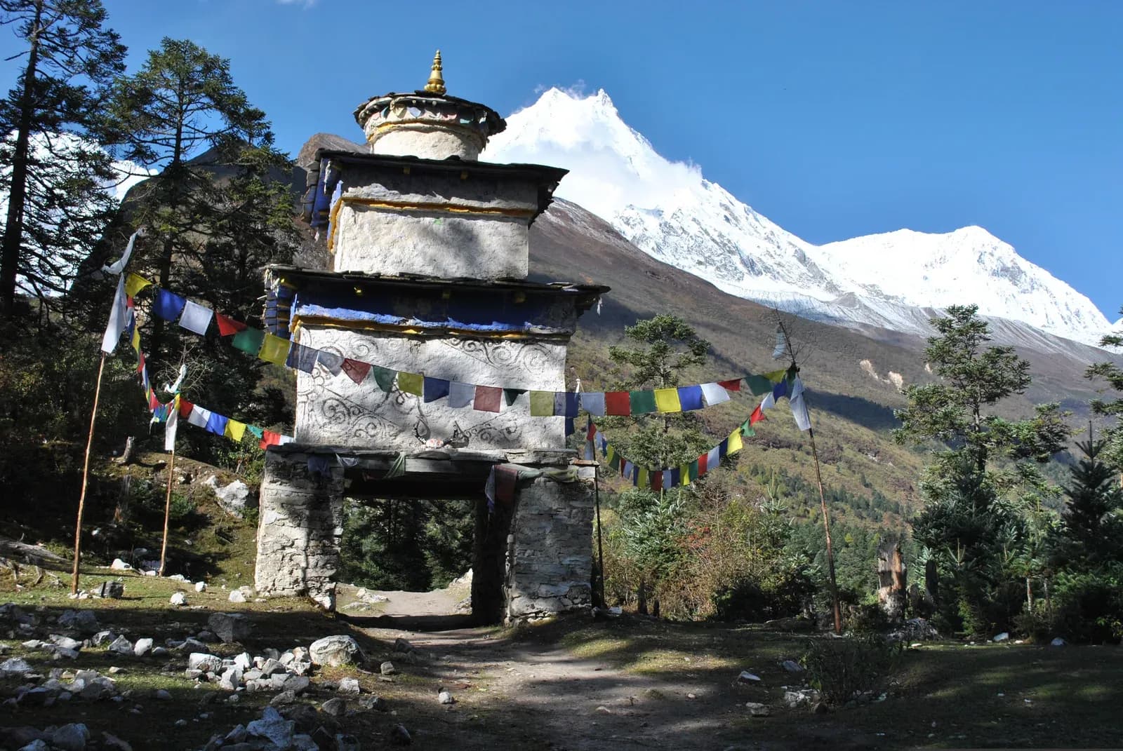 Lho village and Ribung Gompa below Manaslu on the Manaslu Circuit trek.