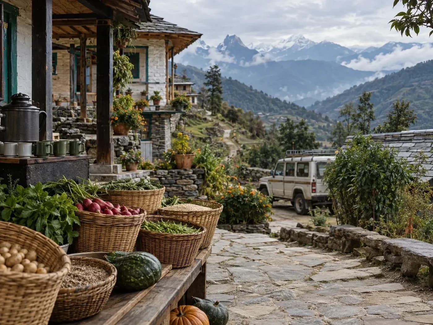 Illustrated Nepal hill-town market with produce, a tea counter, lodging and local transport near a trail.